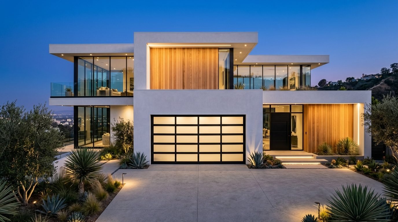Violet Instant Garage Door Exterior Closed Garage Door at Twilight
