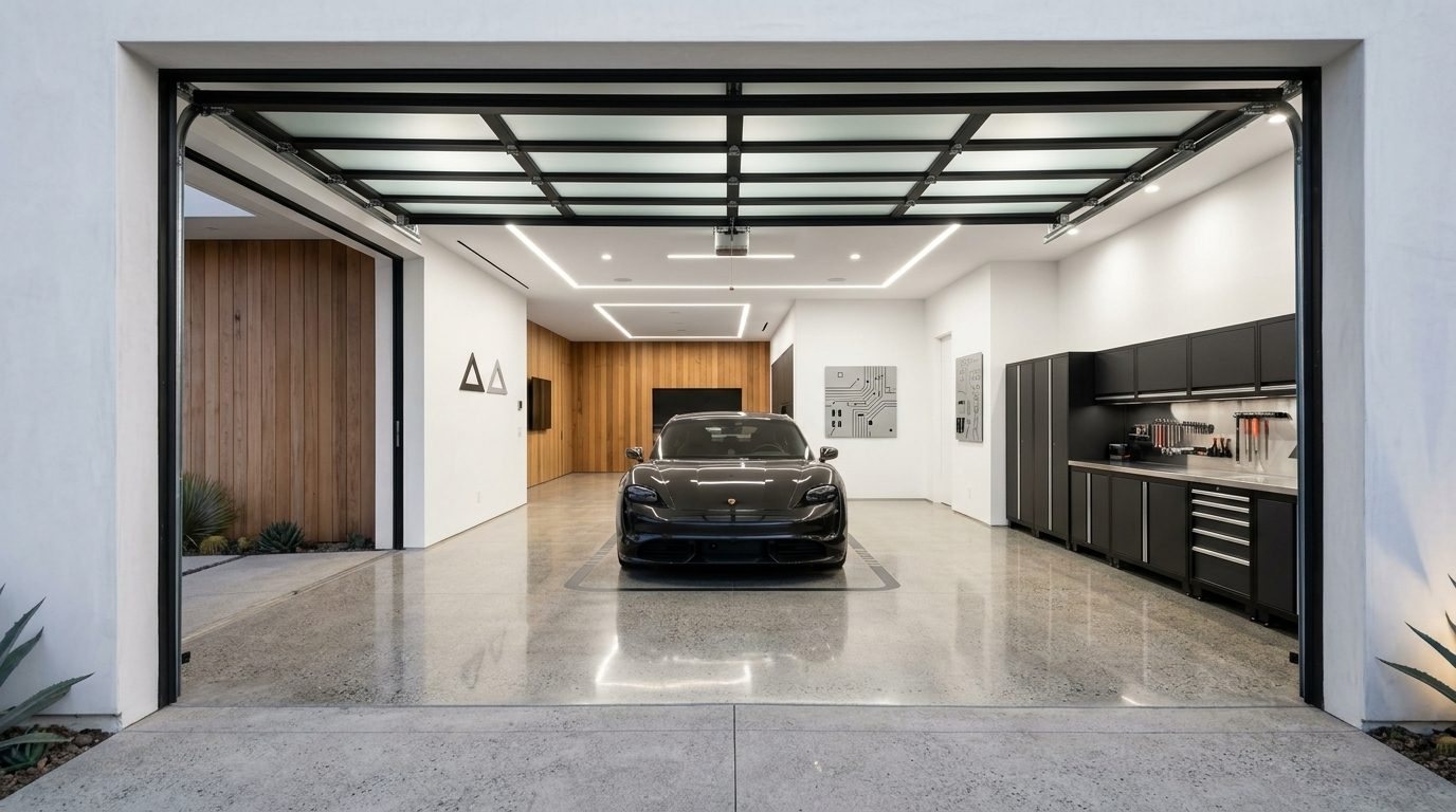 Violet Instant Garage Door Interior View of Custom Garage Door Overhead and Workshop